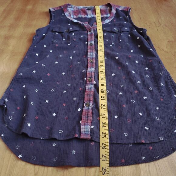 Eddie Bauer Sleeveless Top Sz S Navy Blue Red White Stars Plaid Trim 4th of July - Picture 7 of 8